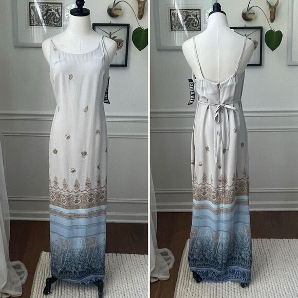 NWT NOS Vintage 90s Soda Blu Slip Maxi Dress Taupe Blue M - Picture 1 of 9